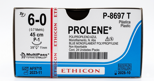Sutura Polipropileno Azul 6-0, Aguja 3/8 círculo cortante 11 mm, Hebra 45 cm, Marca Ethicon, Caja con 24 piezas