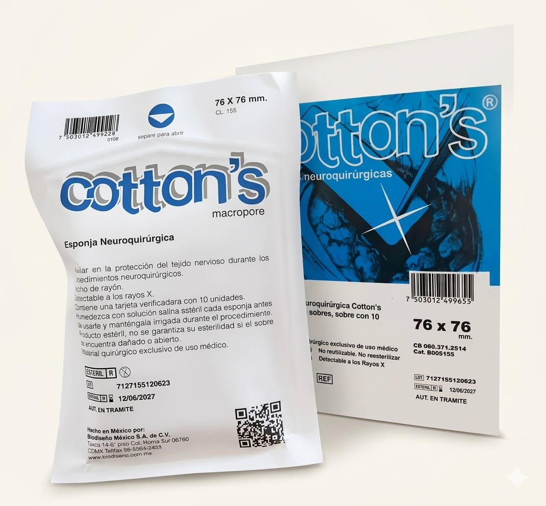 ESPONJA NEUROQUIRÚRGUCA COTTON´S CAJA CON 10 SOBRES, SOBRE CON 10 UNIDADES. 76 X 76 MM