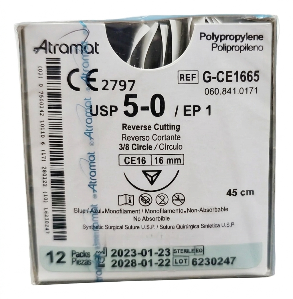 Sutura Polipropileno 5-0, Aguja 1/2 círculo reverso cortante 16 mm, Hebra 45 cm, Marca Atramat, Caja con 12 piezas