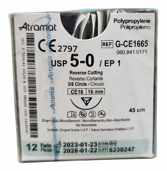 Sutura Polipropileno 5-0, Aguja 1/2 círculo reverso cortante 16 mm, Hebra 45 cm, Marca Atramat, Caja con 12 piezas