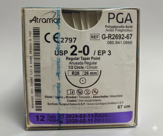 Sutura Ácido Poliglicólico 2-0, Aguja 1/2 círculo ahusada gruesa 26 mm, Hebra 67 cm, Marca Atramat, Caja con 12 piezas