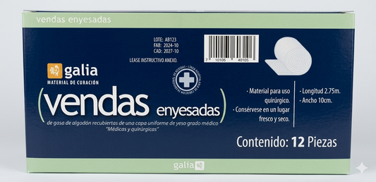 VENDA ENYESADA DE GASA DE ALGODON CON YESO DE GRADO MEDICO DE 10CM X 2.75 MTS MARCA GALIA CAJA CON 12 PIEZAS