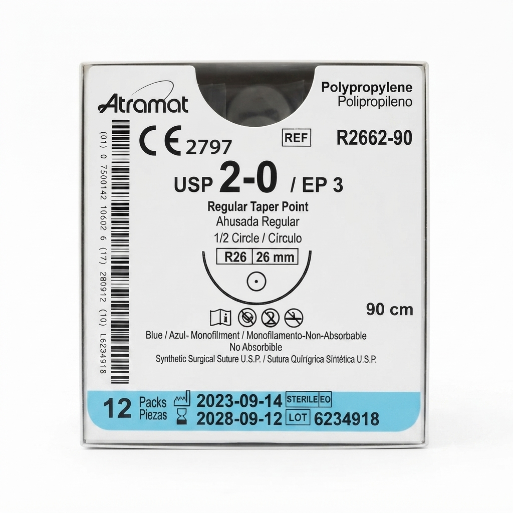 Hilo Polipropileno 2-0, Aguja 1/2 círculo Ahusada 26mm, Hebra 90 cm, Marca Atramat, Caja con 12 piezas