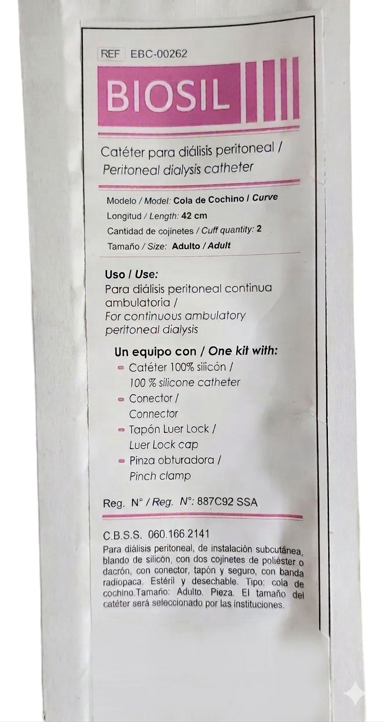 CATETER PARA DIALISIS PERITONEAL TENCKHOFF DE 42 CM MARCA BIOSIL