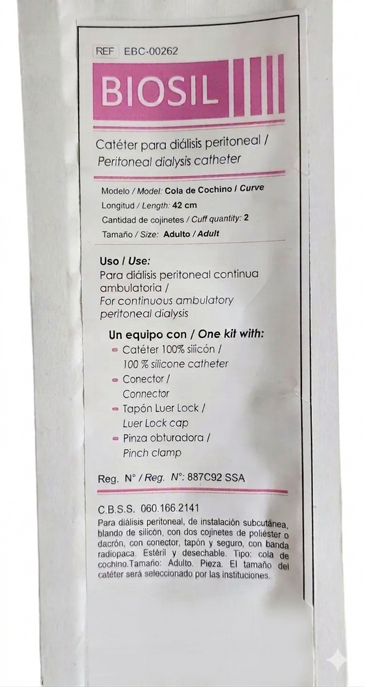 CATETER PARA DIALISIS PERITONEAL TENCKHOFF DE 42 CM MARCA BIOSIL