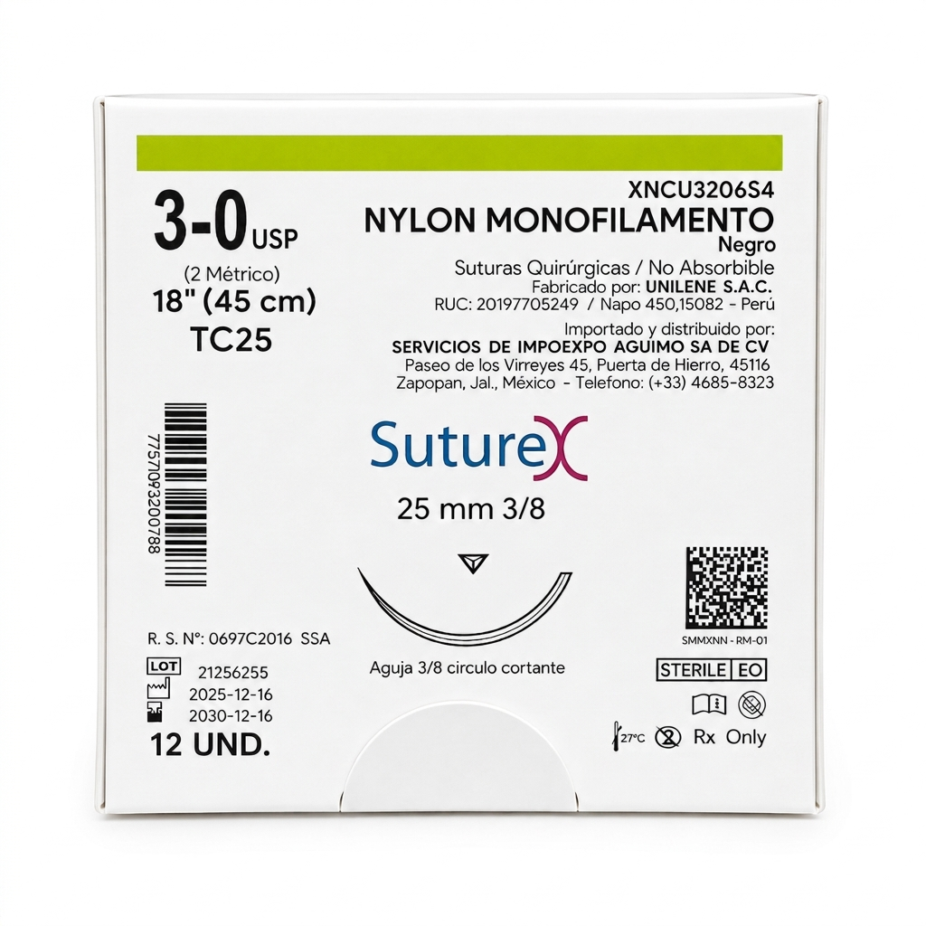 SUTURA NYLON 3-0 SUTUREX CON AGUJA 3/8 CORTANTE 25MM HEBRA DE 45 CM CAJA CON 12 SOBRES