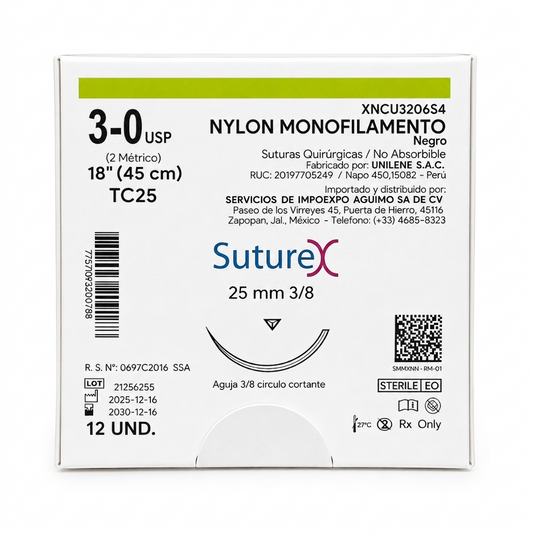 SUTURA NYLON 3-0 SUTUREX CON AGUJA 3/8 CORTANTE 25MM HEBRA DE 45 CM CAJA CON 12 SOBRES