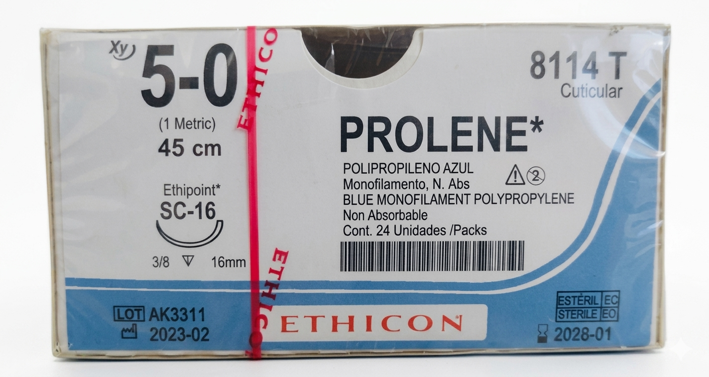 Sutura Polipropileno prolene 5-0, Aguja 3/8 círculo cortante 16 mm, Hebra 45 cm, Marca Ethicon, Caja con 24 piezas