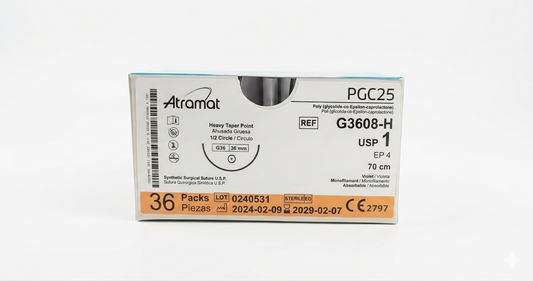 Sutura PGC25 1, Aguja ahusada gruesa 1/2 círculo 36 mm, Hebra 70 cm, Marca Atramat, Caja con 36 piezas