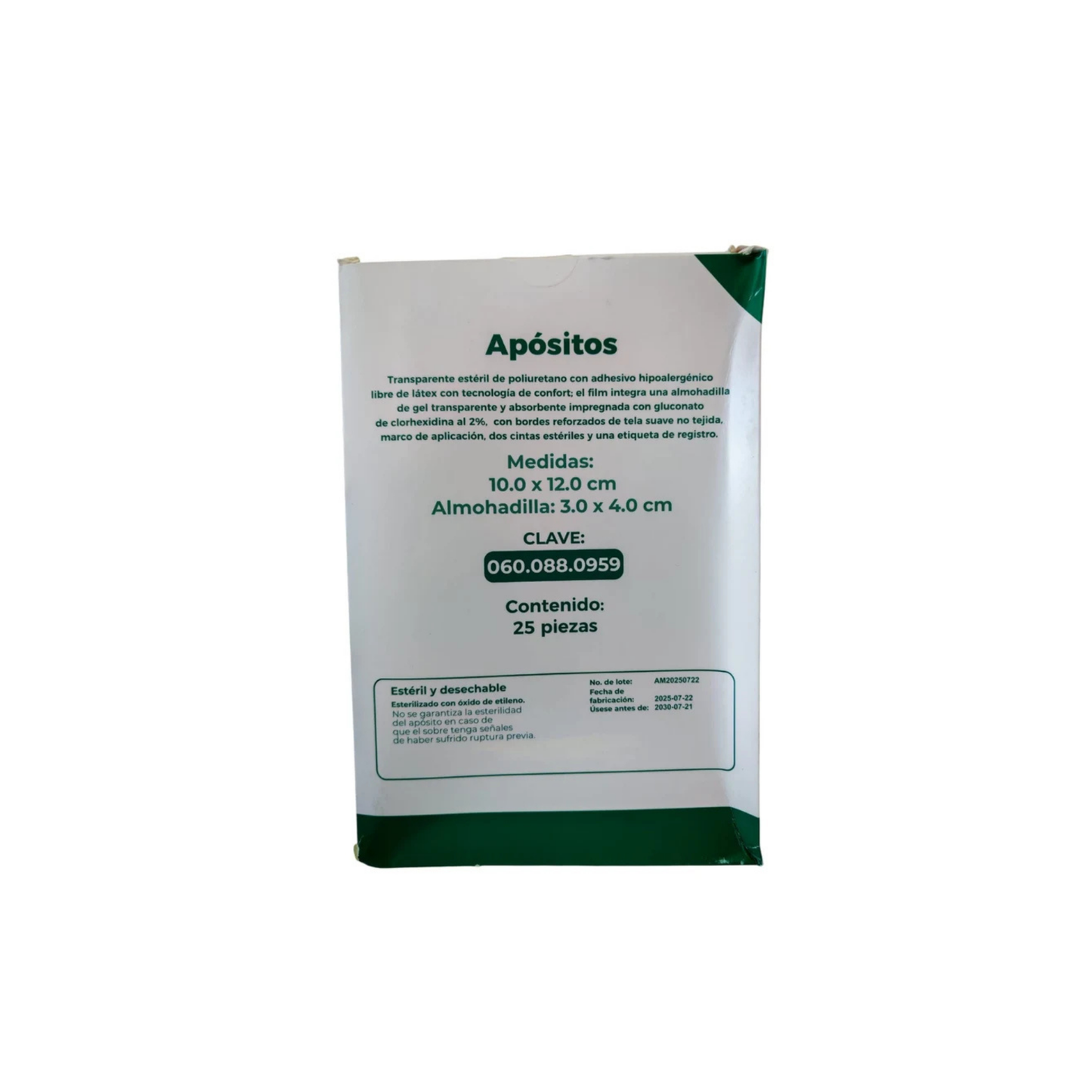 APOSITO TRANSPARENTE ESTERIL DE POLIURETANO CON CLORHEXIDINA AL 2% 10X12CM ALMOHADILLA 3 X4 CM CAJA CON 25 PIEZAS