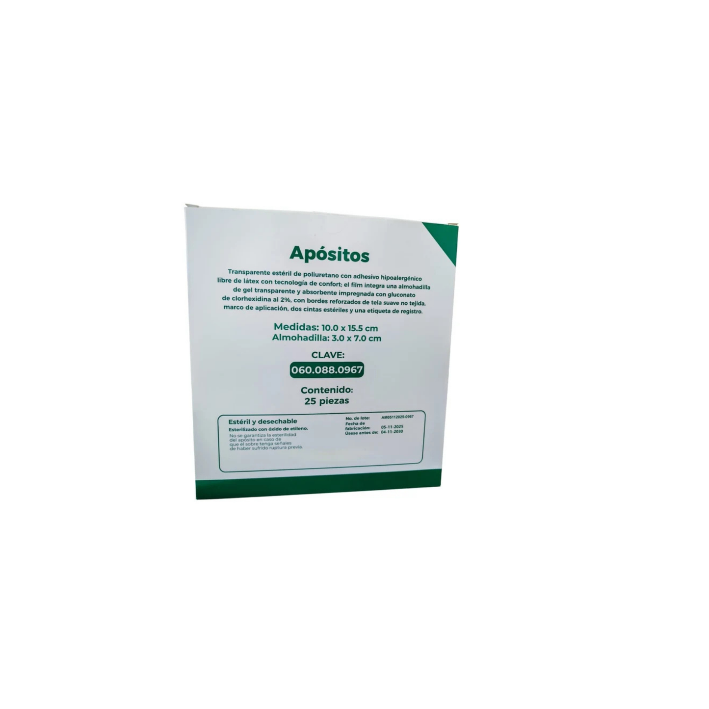 APOSITO TRANSPARENTE ESTERIL DE POLIURETANO CON CLORHEXIDINA AL 2% 7X8.5CM ALMOHADILLA 2X2 CM CAJA CON 25 PIEZAS