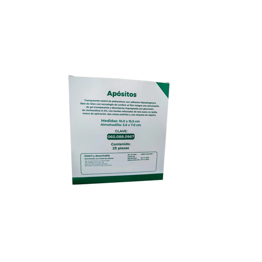 APOSITO TRANSPARENTE ESTERIL DE POLIURETANO CON CLORHEXIDINA AL 2% 7X8.5CM ALMOHADILLA 2X2 CM CAJA CON 25 PIEZAS