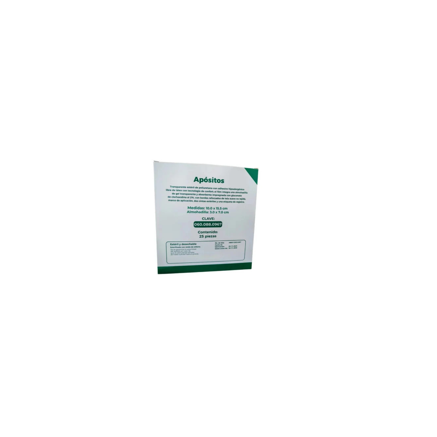 APOSITO TRANSPARENTE ESTERIL DE POLIURETANO CON CLORHEXIDINA AL 2% 10X15.5CM ALMOHADILLA 3 X 7CM CAJA CON 25 PIEZAS