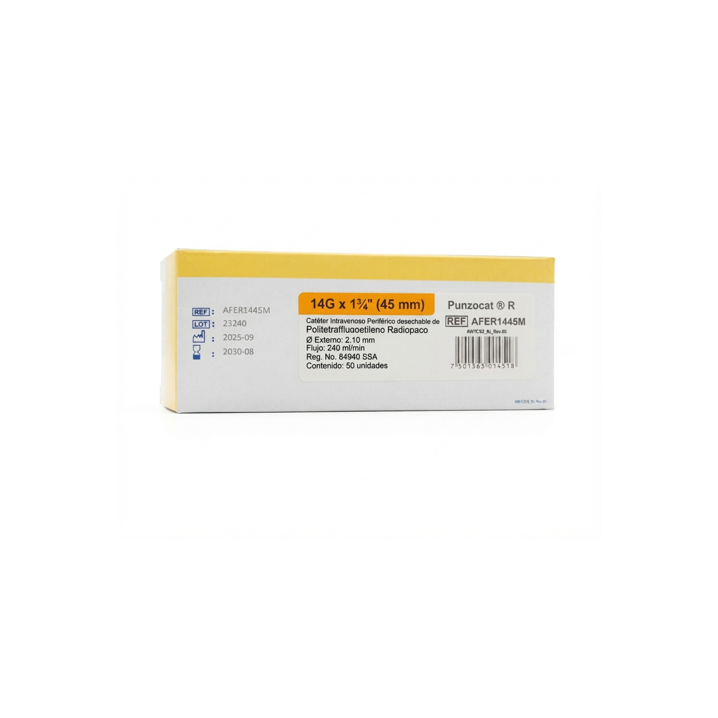 CATETER PUNZOCAT 14GX45MM RADIOPACO NARANJA  CAJA CON 50 PIEZAS