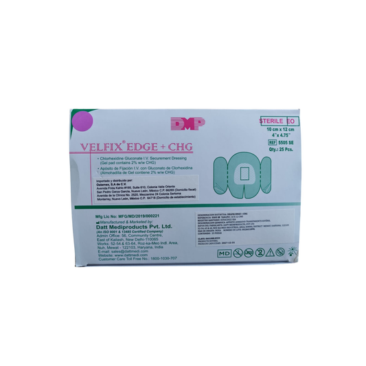 APOSITO CON CLOHREXIDINA VELFIX EDGE+CHG 10CM X 12CM CAJA CON 25 PIEZAS 5505