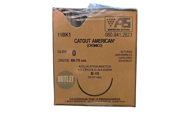 Sutura Catgut Crómico 0, Aguja ahusada gruesa 35 mm, Hebra 75 cm, Marca American Suture, Caja con 12 piezas