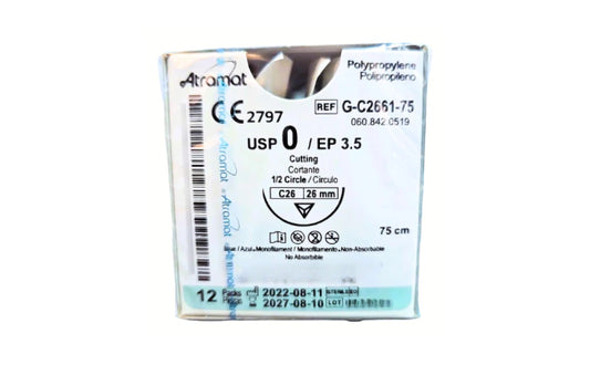 Sutura Polipropileno 0, Aguja 1/2 círculo cortante 26 mm, Hebra 75 cm, Marca Atramat, Caja con 12 piezas