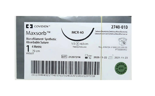 Sutura MaxSorb (Polidioxanona) 1, Aguja ahusada robusta 1/2 círculo 40 mm, Hebra 70 cm, Caja con 12 piezas