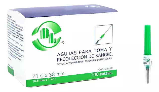 AGUJAS PARA TOMA Y RECOLECCION DE SANGRE 21G X 38MM ESTERILES Y DESACHABLES MARCA DL CAJA CON 100 PIEZAS