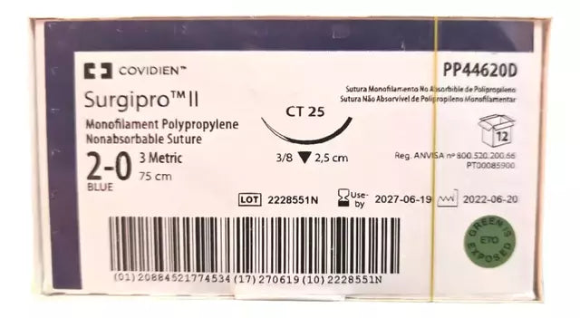 Sutura Polipropileno 2-0, Aguja 3/8 círculo cortante 25 mm, Hebra 75 cm, Marca Covien, Caja con 12 piezas