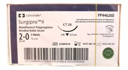 Sutura Polipropileno 2-0, Aguja 3/8 círculo cortante 25 mm, Hebra 75 cm, Marca Covien, Caja con 12 piezas