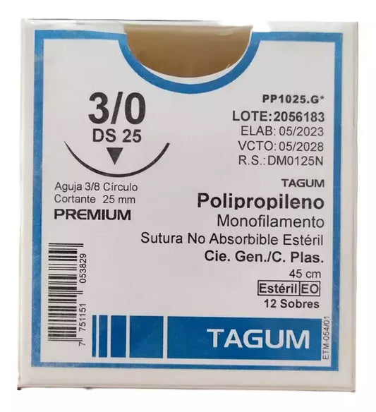 Sutura Polipropileno 3-0, Aguja 3/8 círculo cortante 25 mm, Hebra 45 cm, Marca TAGUM, Caja con 12 piezas