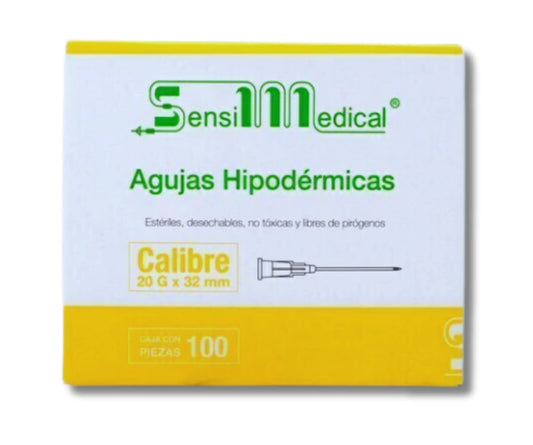 AGUJAS HIPODERMICAS 20GX32MM COLOR AMARILLO CAJA CON 100 PIEZAS