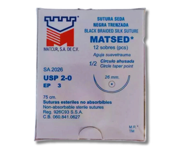 Sutura Seda Negra 2-0, Aguja 1/2 círculo ahusada 26 mm, Hebra 75 cm, Marca Matcur, Caja con 12 piezas