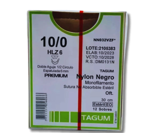 Sutura Nylon 10-0, Doble aguja 1/2 círculo espatulada 6 mm, Hebra 30 cm, Marca TAGUM, Caja con 12 piezas