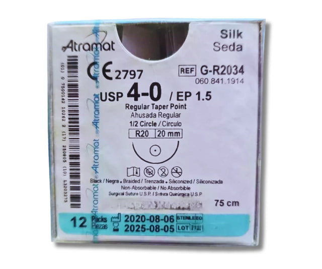 Sutura Seda 4-0, Aguja 1/2 círculo ahusada regular 20 mm, Hebra 75 cm, Marca Atramat, Caja con 12 piezas