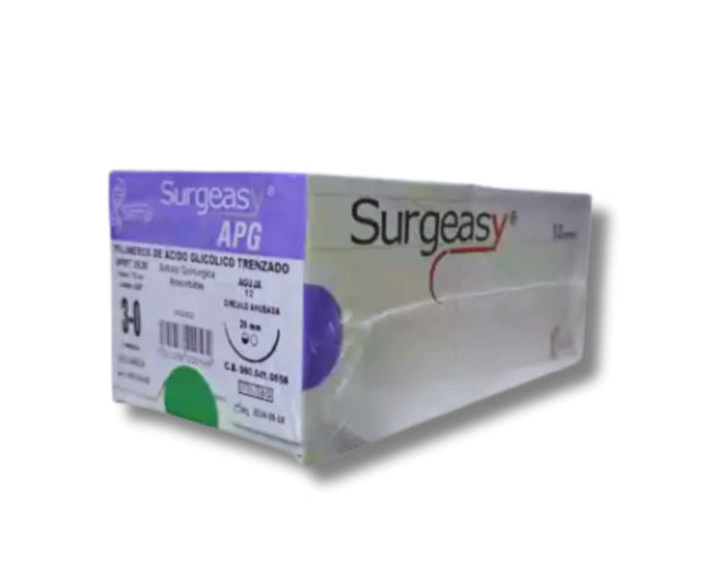 Sutura Ácido Poliglicólico 3-0, Aguja 1/2 círculo ahusada 26 mm, Hebra 70 cm, Marca Surgeasy, Caja con 12 piezas