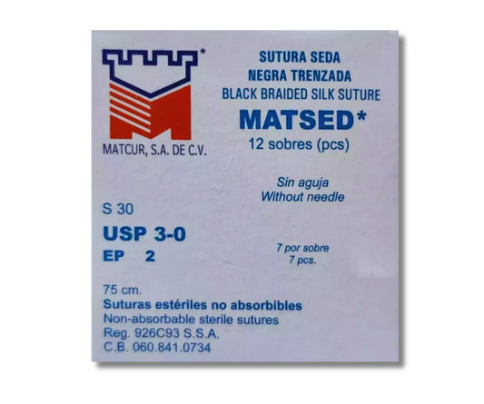 Sutura Seda Negra 3-0, Sin aguja, Hebra 75 cm, Marca Matcur, Caja con 12 piezas