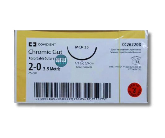 Sutura Catgut Crómico 2-0, Aguja ahusada gruesa 35 mm, Hebra 75 cm, Marca Covidien, Caja con 12 piezas