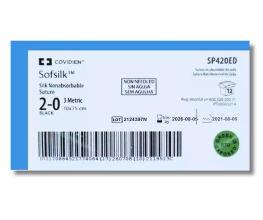 Sutura Seda Negra 2-0, Sin aguja, Hebra 10×75 cm, Marca Covidien, Caja con 12 piezas
