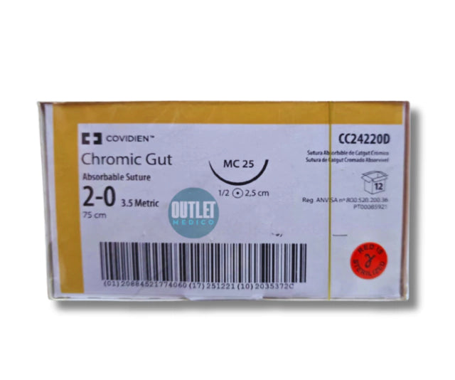 Sutura Catgut Crómico 2-0, Aguja ahusada gruesa 25 mm, Hebra 75 cm, Marca Covidien, Caja con 12 piezas