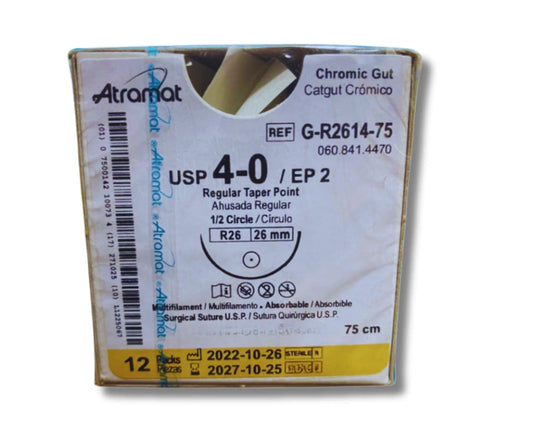 Sutura Catgut Crómico 4-0, Aguja 1/2 círculo ahusada regular 26 mm, Hebra 75 cm, Marca Atramat, Caja con 12 piezas