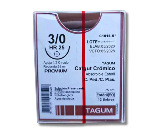 Sutura Catgut Crómico 3-0, Aguja 1/2 círculo redonda 25 mm, Hebra 75 cm, Marca TAGUM, Caja con 12 piezas