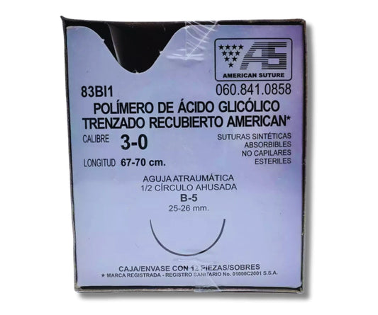 Sutura Ácido Poliglicólico 3-0, Aguja 1/2 círculo ahusada 26 mm, Hebra 70 cm, Marca American Suture, Caja con 12 piezas
