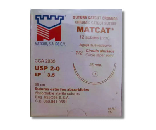 Sutura Catgut Crómico 2-0, Aguja 1/2 círculo ahusada 26 mm, Hebra 68 cm, Marca Matcur, Caja con 12 piezas