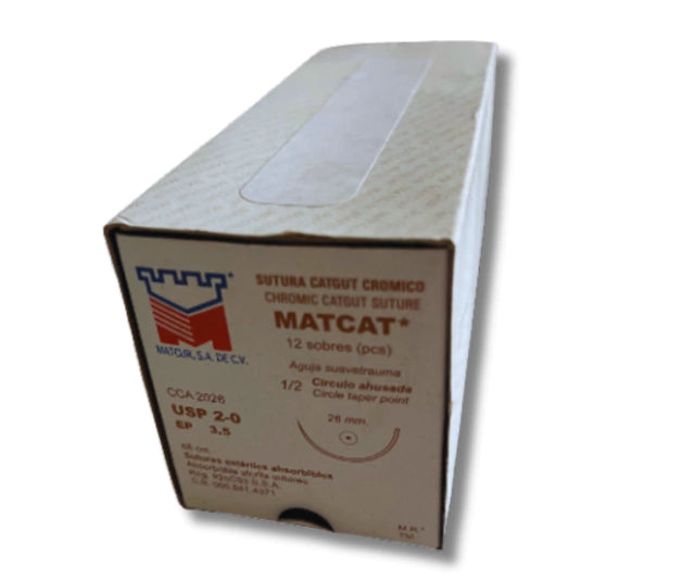 Sutura Catgut Crómico 2-0, Aguja 1/2 círculo ahusada 26 mm, Hebra 68 cm, Marca Matcur, Caja con 12 piezas