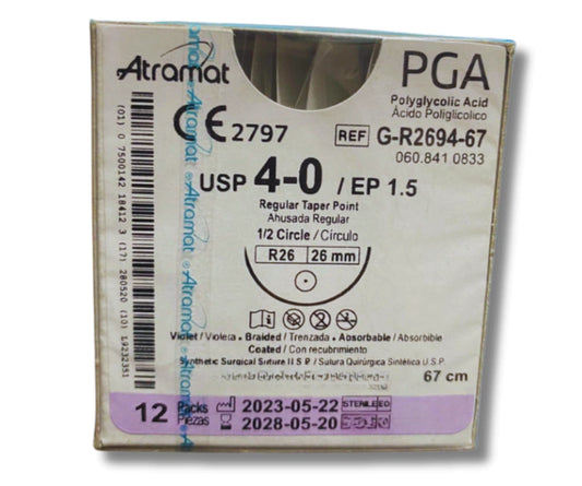 Sutura Ácido Poliglicólico 4-0, Aguja 1/2 círculo ahusada regular 26 mm, Hebra 67 cm, Marca Atramat, Caja con 12 piezas
