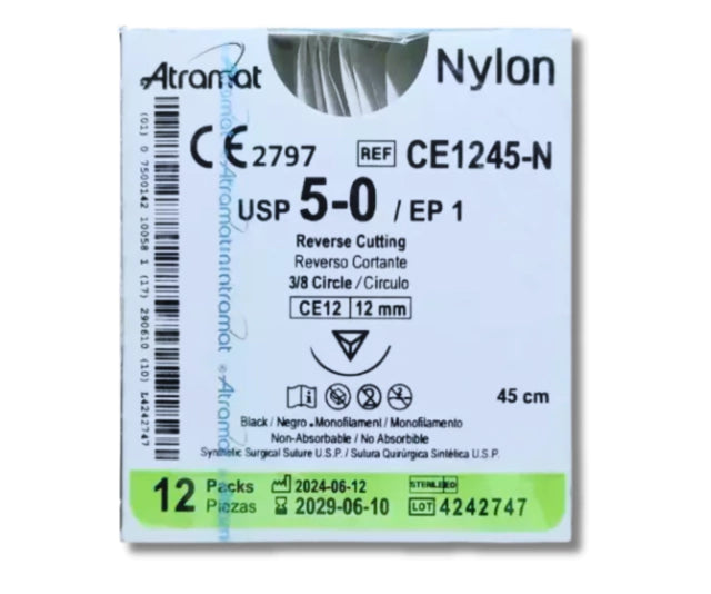Sutura Nylon 5-0, Aguja reverso cortante 3/8 de círculo 12 mm, Hebra 45 cm, Marca Atramat, Caja con 12 piezas