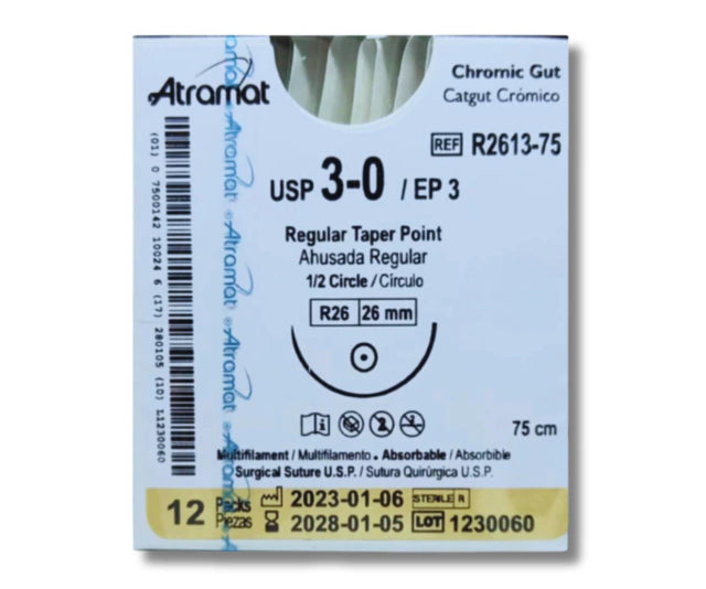 Sutura Catgut Crómico 3-0, Aguja 1/2 círculo ahusada regular 26 mm, Hebra 75 cm, Marca Atramat, Caja con 12 piezas