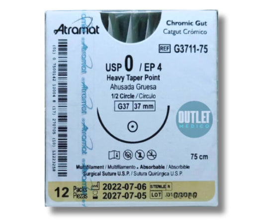 Sutura Catgut Crómico 0, Aguja 1/2 círculo ahusada gruesa 37 mm, Hebra 75 cm, Marca Atramat, Caja con 12 piezas