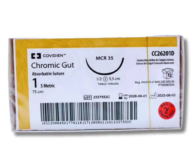 Sutura Catgut Crómico 1, Aguja 1/2 círculo robusta 35 mm, Hebra 75 cm, Caja con 12 piezas