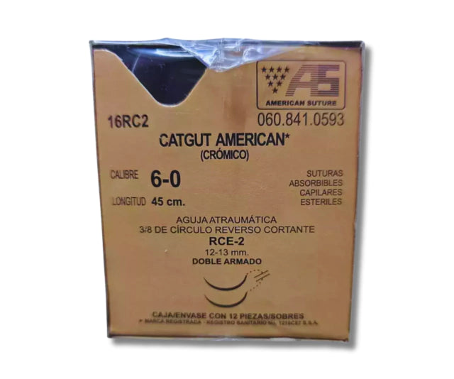 Sutura Catgut Crómico 6-0, Doble aguja 3/8 círculo reverso cortante 13 mm, Hebra 45 cm, Marca American, Caja con 12 piezas