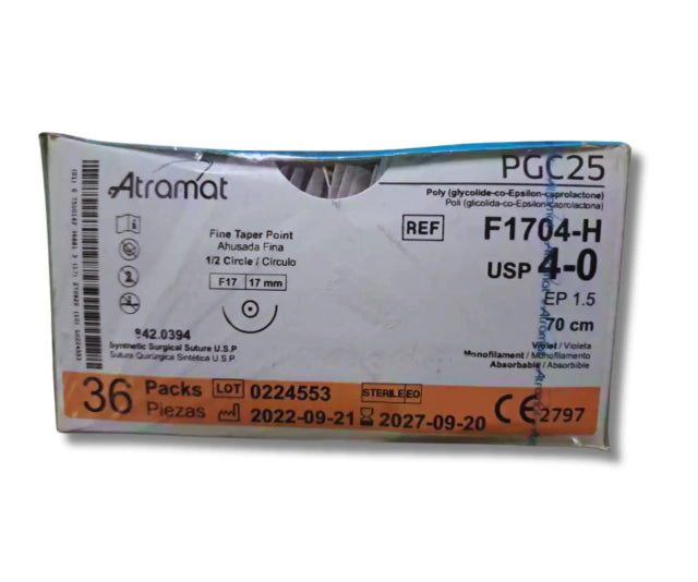 Sutura PGC25 4-0, Aguja 1/2 círculo ahusada fina 17 mm, Hebra 70 cm, Marca Atramat, Caja con 36 piezas