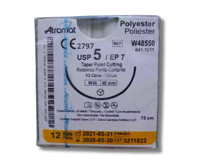 Sutura Poliéster 5, Aguja 1/2 círculo redonda punta cortante 48 mm, Hebra 75 cm, Marca Atramat, Caja con 12 piezas