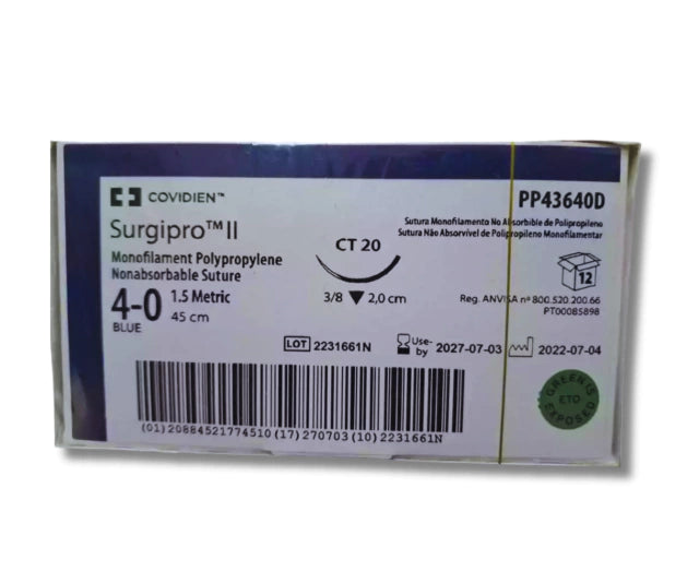 Sutura Polipropileno 4-0, Aguja 3/8 círculo cortante 20 mm, Hebra 45 cm, Marca Covidien, Caja con 12 piezas