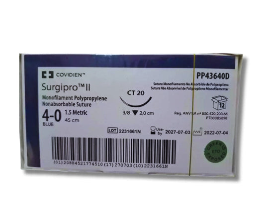 Sutura Polipropileno 4-0, Aguja 3/8 círculo cortante 20 mm, Hebra 45 cm, Marca Covidien, Caja con 12 piezas
